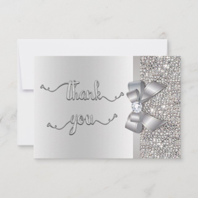 Tarjeta De Agradecimiento Faux Bow Silver Sequins Gracias Boda (Anverso)