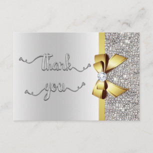 Tarjeta De Agradecimiento Faux Gold Bow Silver Sequins Gracias Boda