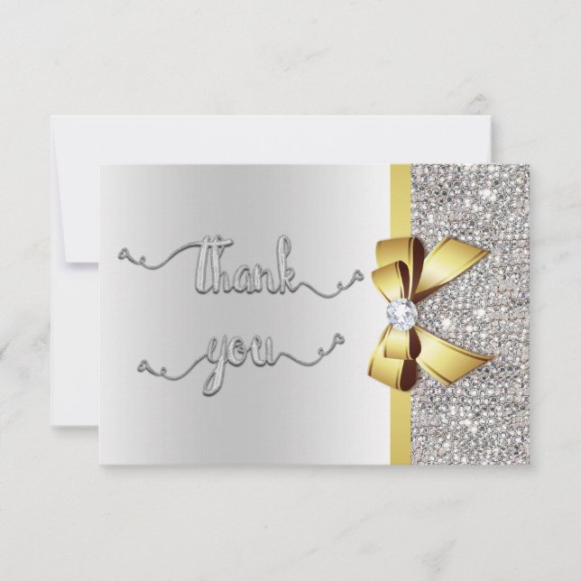 Tarjeta De Agradecimiento Faux Gold Bow Silver Sequins Gracias Boda (Anverso)