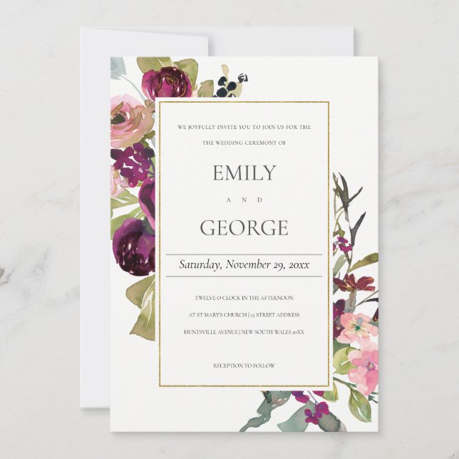 TARJETA DE AGRADECIMIENTO FAUX GOLD PINK BURGUNDY ROSA FLORAL WEDDING INVITE (Anverso)