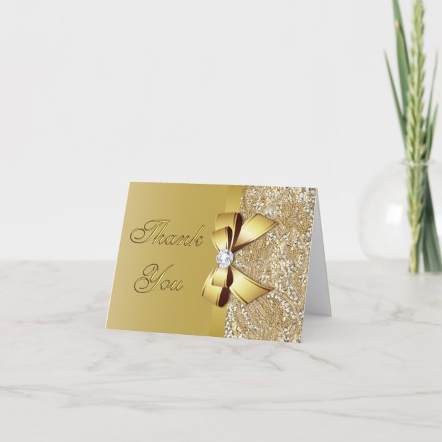Tarjeta De Agradecimiento Faux Gold Sequins Bow Diamond Gracias (Anverso)