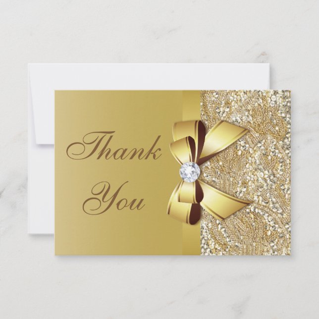 Tarjeta De Agradecimiento Faux Gold Sequins y Bow Boda Gracias (Anverso)