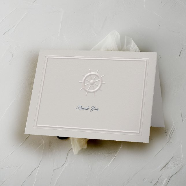 Tarjeta De Agradecimiento Faux Grabado en relieve Boat Helm Coastal Boda Gra (coastal wedding thank you folded card faux embossed boat helm double frame modern classic elegant)