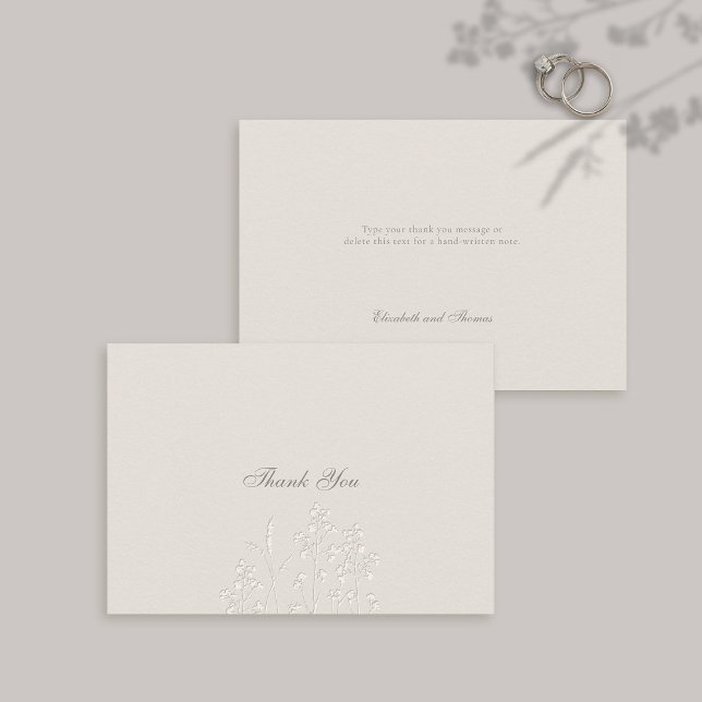Tarjeta De Agradecimiento Faux Grabado en relieve Wildflowers Ecru Boda form (Formal Wedding Thank You Card Faux Embossed Wildflowers Calligraphy Modern Classic Ecru Couple Note)