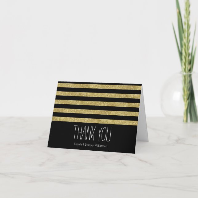 Tarjeta De Agradecimiento Faux Purpurinoso Gold Black Stripes (Anverso)