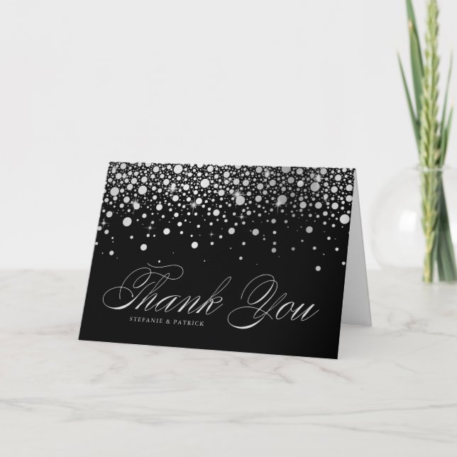 Tarjeta De Agradecimiento Faux Relieve metalizado plateado Confetti Dots Bla (Anverso)