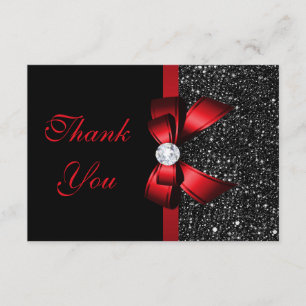 Tarjeta De Agradecimiento Faux Rojo Bow Black Sequins Diamond Gracias