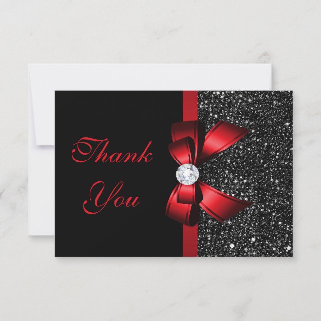 Tarjeta De Agradecimiento Faux Rojo Bow Black Sequins Diamond Gracias (Anverso)
