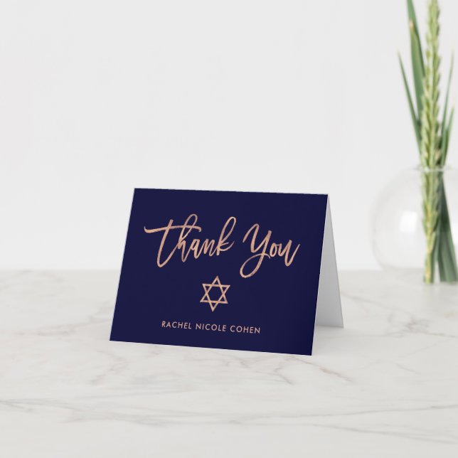 Tarjeta De Agradecimiento Faux Rosa Gold y Navy Blue | Bat Mitzvah (Anverso)