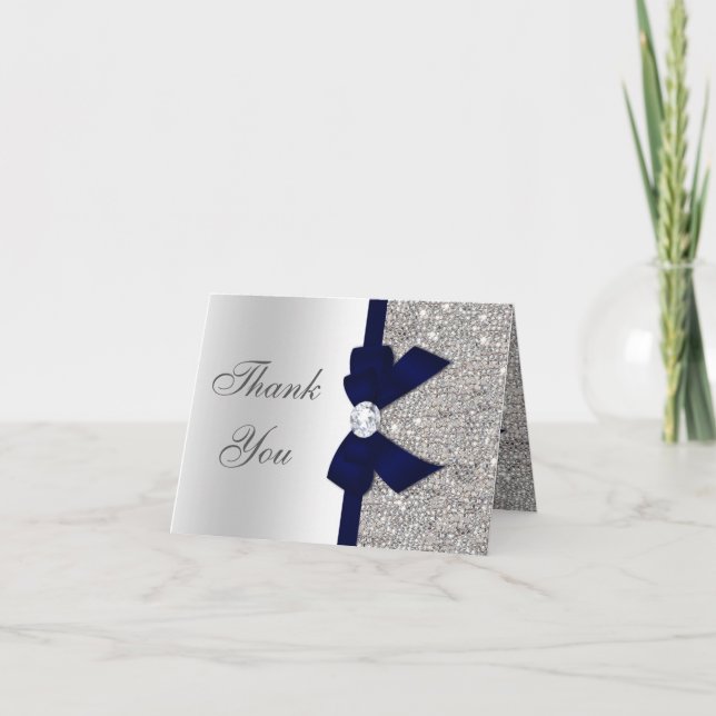 Tarjeta De Agradecimiento Faux Silver Sequins Navy Diamond Bow Gracias (Anverso)