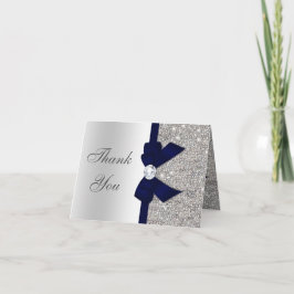 Tarjeta De Agradecimiento Faux Silver Sequins Navy Diamond Bow Gracias
