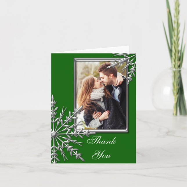 Tarjeta De Agradecimiento Faux Silver Snowflake on Green Gracias Photo (Anverso)