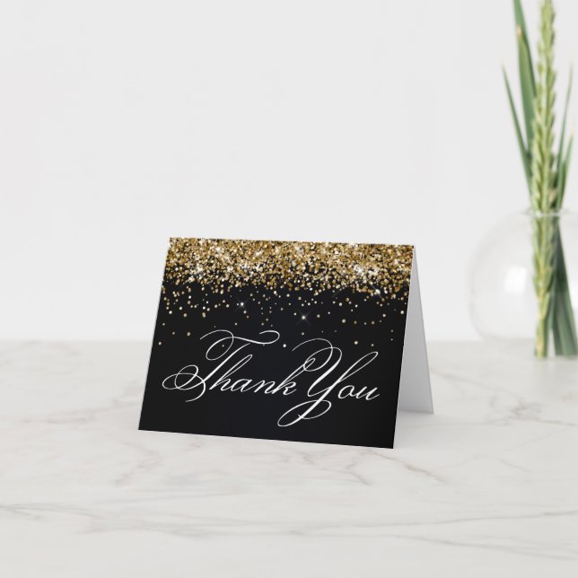 Tarjeta De Agradecimiento Faux Sparkly Gold Purpurina Black (Anverso)
