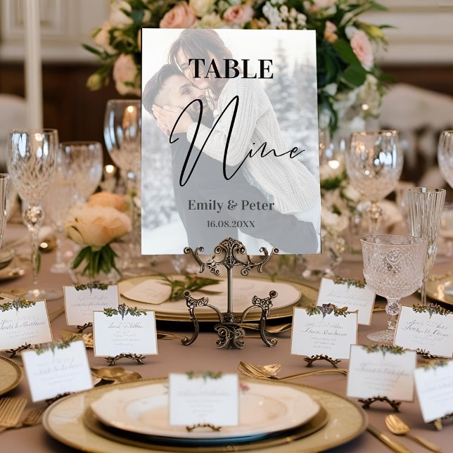Tarjeta De Agradecimiento Faux Vellum Foto Boda Nueve Número de Tabla (Faux Vellum Photo Wedding NINE Table Number)