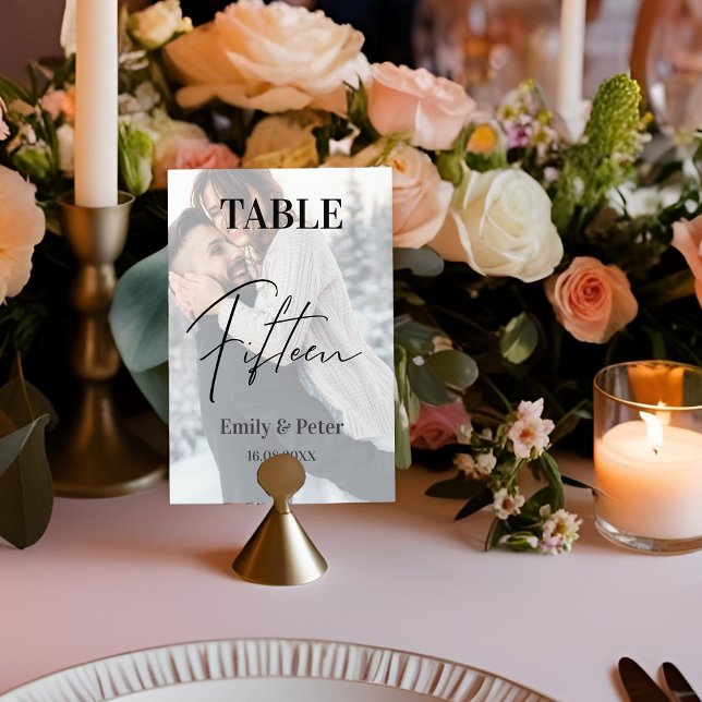 Tarjeta De Agradecimiento Faux Vellum Foto Boda Quince número de tabla (Faux Vellum Photo Wedding Fifteen Table Number)