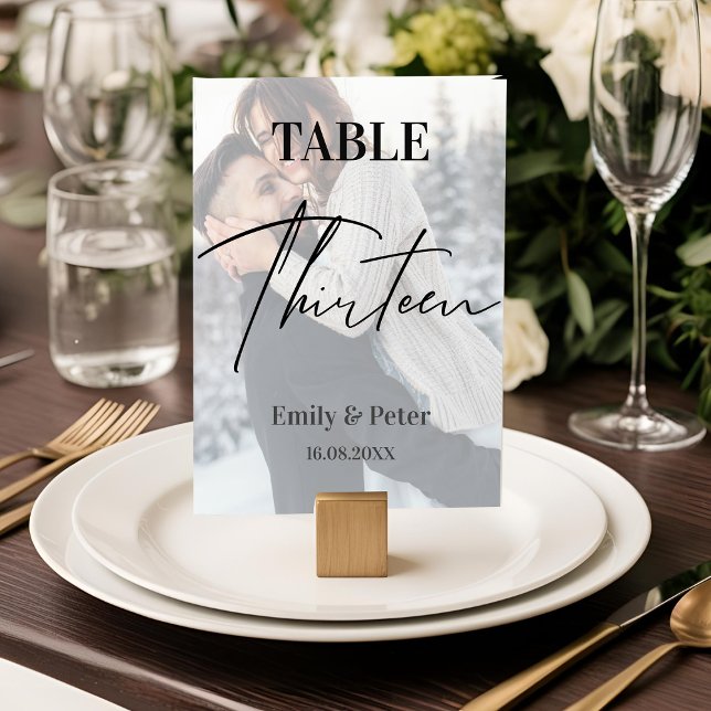 Tarjeta De Agradecimiento Faux Vellum Foto Boda Trece Número de Tabla (Faux Vellum Photo Wedding Thirteen Table Number)