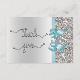 Tarjeta De Agradecimiento Faux Verde azulada Bow Silver Sequins Gracias Boda