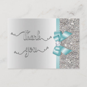 Tarjeta De Agradecimiento Faux Verde azulada Bow Silver Sequins Gracias Boda