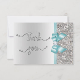 Tarjeta De Agradecimiento Faux Verde azulada Bow Silver Sequins Gracias Boda