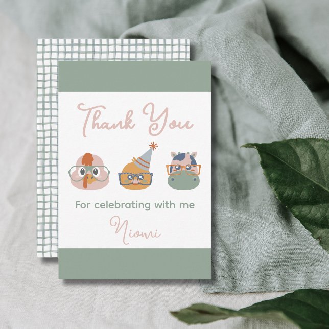 Tarjeta De Agradecimiento Favor de cumpleaños de animales de granja (Farm Animal Birthday Thank You Card Turkey Chicken Cow)