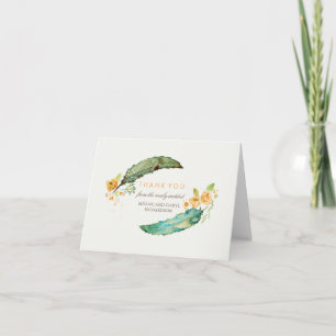 Tarjeta De Agradecimiento Feathers Bohemias Boda Verde azulado Tribal Gracia