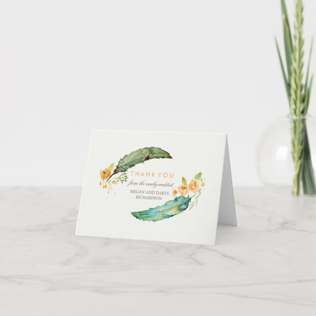 Tarjeta De Agradecimiento Feathers Bohemias Boda Verde azulado Tribal Gracia (Anverso)