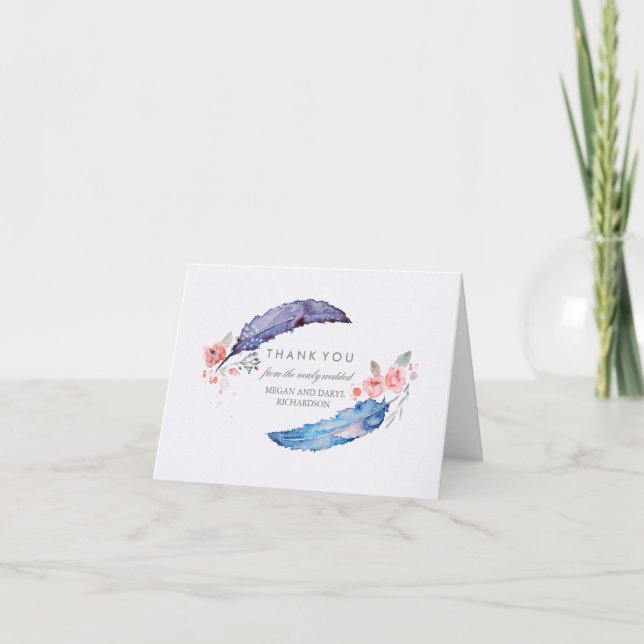 Tarjeta De Agradecimiento Feathers Bohemira Tribal Style Boda Gracias (Anverso)
