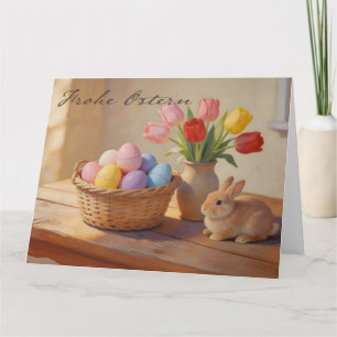 Tarjeta De Agradecimiento Felices Pascuas con huevos de colores y tulipanes
