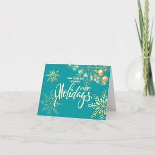 Tarjeta De Agradecimiento Felices vacaciones Navidades, oro, flambete de nie