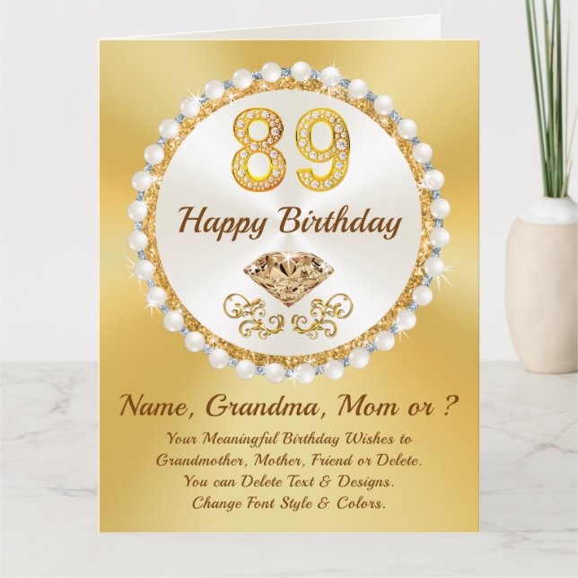 Tarjeta De Agradecimiento Feliz 89º cumpleaños, abuela, mamá y NOMBRE, (Anverso)