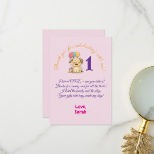 Tarjeta De Agradecimiento Feliz cachorro, fiesta de cumpleaños de niña 1er a