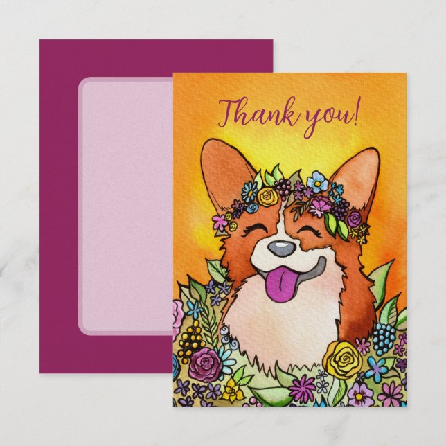 Tarjeta De Agradecimiento Feliz Corgi con flores (Anverso / Reverso)