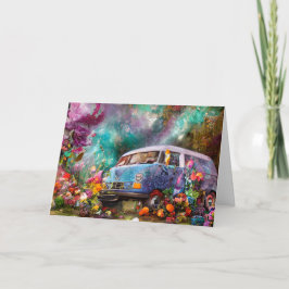 Tarjeta De Agradecimiento Feliz cumpleaños, camioneta Combi con flores en lo