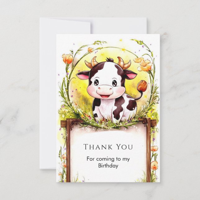 Tarjeta De Agradecimiento Feliz cumpleaños de la vaca pequeña (Anverso)