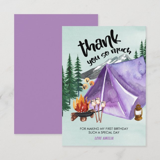 Tarjeta De Agradecimiento Feliz cumpleaños de los Chicas de carpas moradas d (Anverso / Reverso)