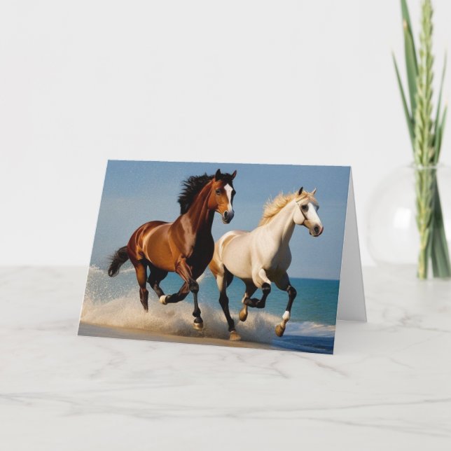 Tarjeta De Agradecimiento Feliz cumpleaños dos caballos galopando en la play (Anverso)