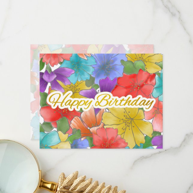 Tarjeta De Agradecimiento Feliz Cumpleaños Flor de Oro (Anverso/Reverso In Situ)