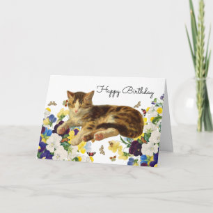 Tarjeta De Agradecimiento Feliz Cumpleaños Floral Mariposa Gato Victoriano D