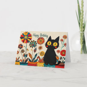 Tarjeta De Agradecimiento Feliz cumpleaños, gato negro con flores