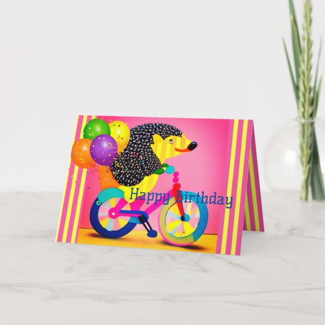 Tarjeta De Agradecimiento Feliz cumpleaños Hedgehog Riding Bicycle Balloons (Anverso)