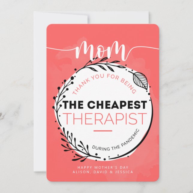 Tarjeta De Agradecimiento Feliz Día de la Madre a mi terapeuta más barato (Anverso)