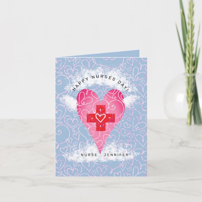 Tarjeta De Agradecimiento Feliz día de las enfermeras Blue Pink Heart Person (Anverso)