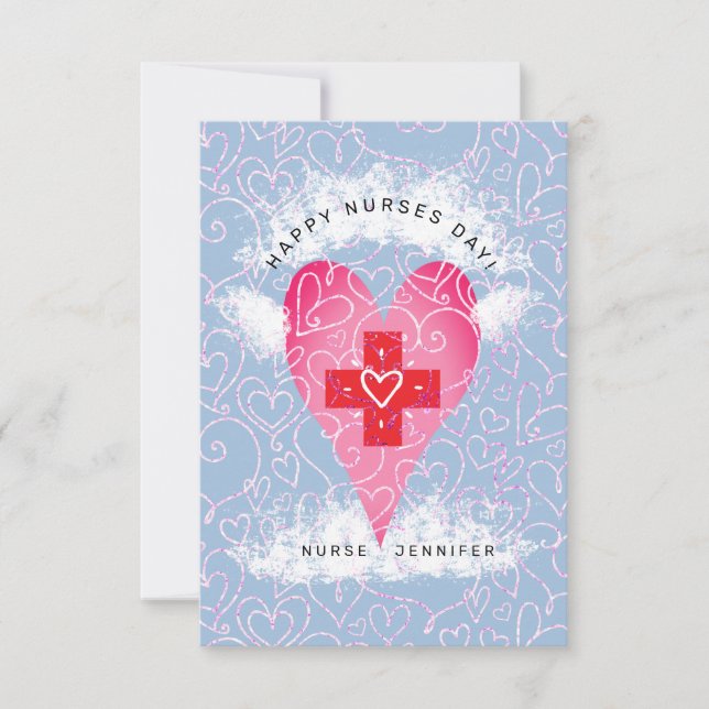 Tarjeta De Agradecimiento Feliz día de las enfermeras Blue Pink Heart Person (Anverso)