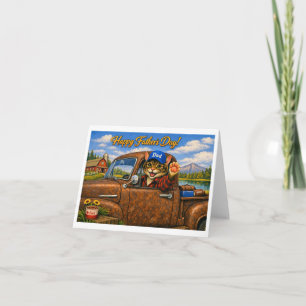 Tarjeta De Agradecimiento Feliz Día del Padre Gato Papá en Camioneta Antigua