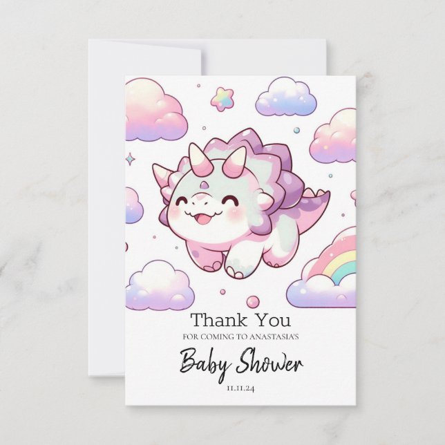 Tarjeta De Agradecimiento Feliz Dinosaurio Simple Baby Shower (Anverso)