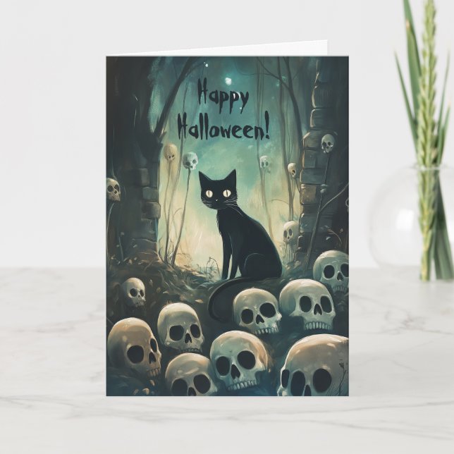 Tarjeta De Agradecimiento Feliz gato de Halloween entre los cráneos (Anverso)