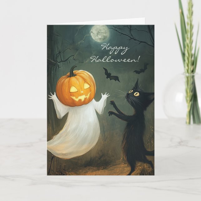 Tarjeta De Agradecimiento Feliz Gato de Halloween y diversión fantasma (Anverso)