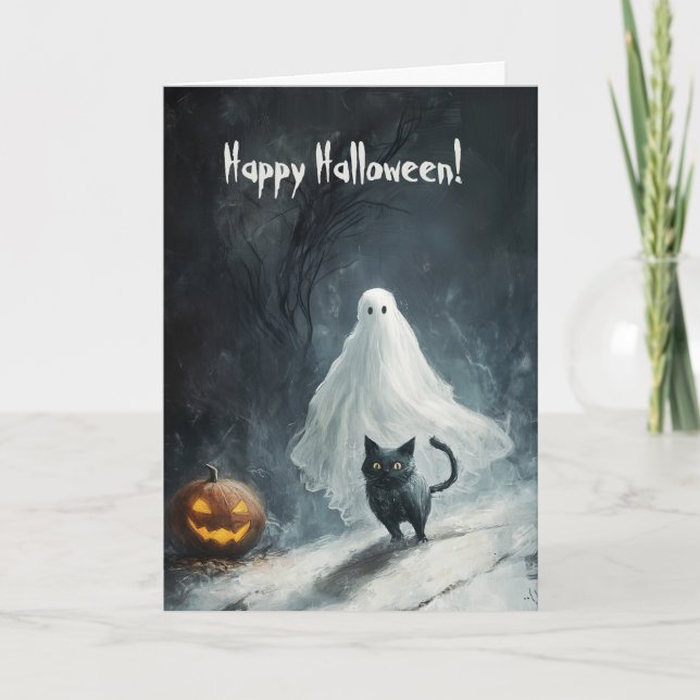 Tarjeta De Agradecimiento Feliz Halloween con fantasma y gato (Anverso)