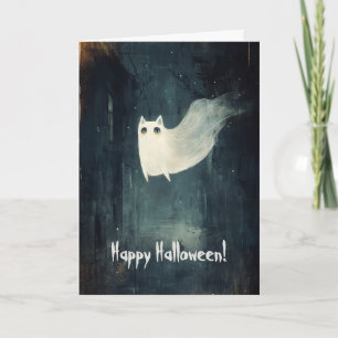 Tarjeta De Agradecimiento Feliz Halloween con gato fantasma volando