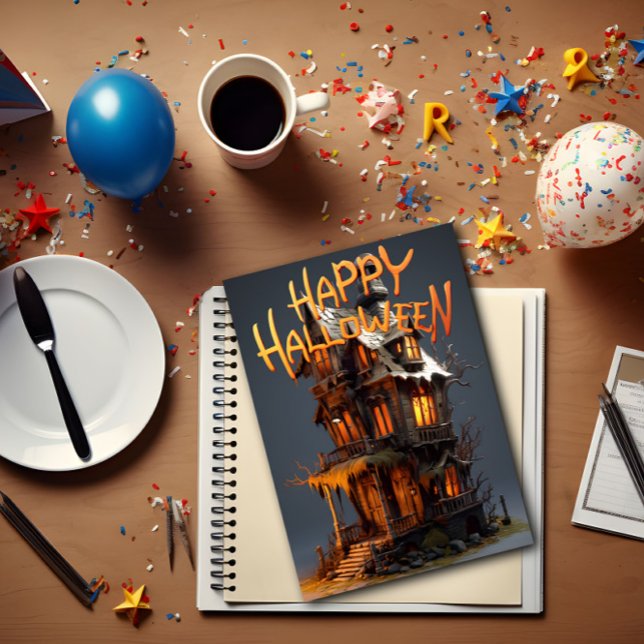 Tarjeta De Agradecimiento Feliz Halloween Witch's House (A Happy Halloween card lies on top of a table with celebration items surrounding it.)